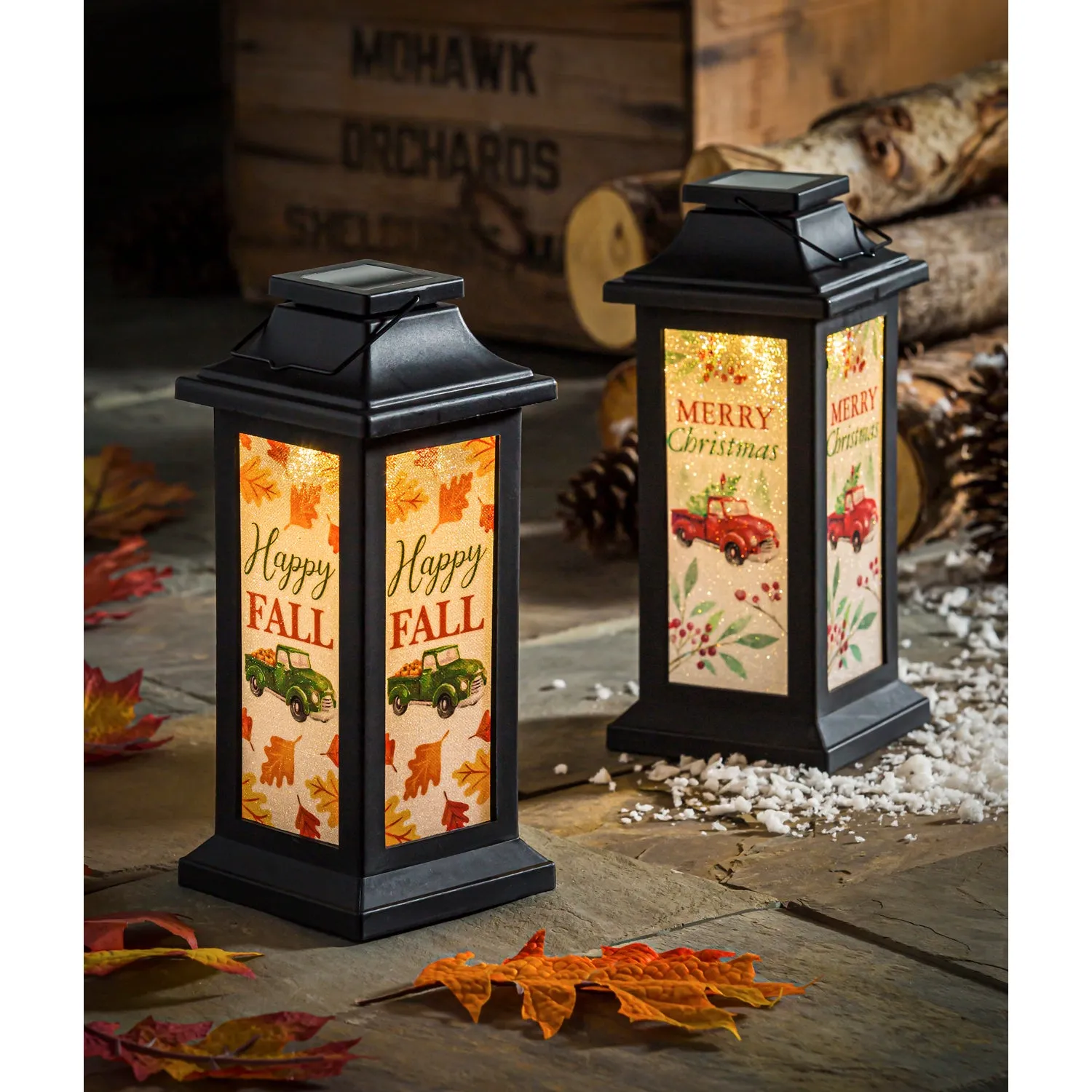 11"H Glitter Film Plastic Solar Lantern, Fall and Christmas Trucks, 2 Asst,2sp6374