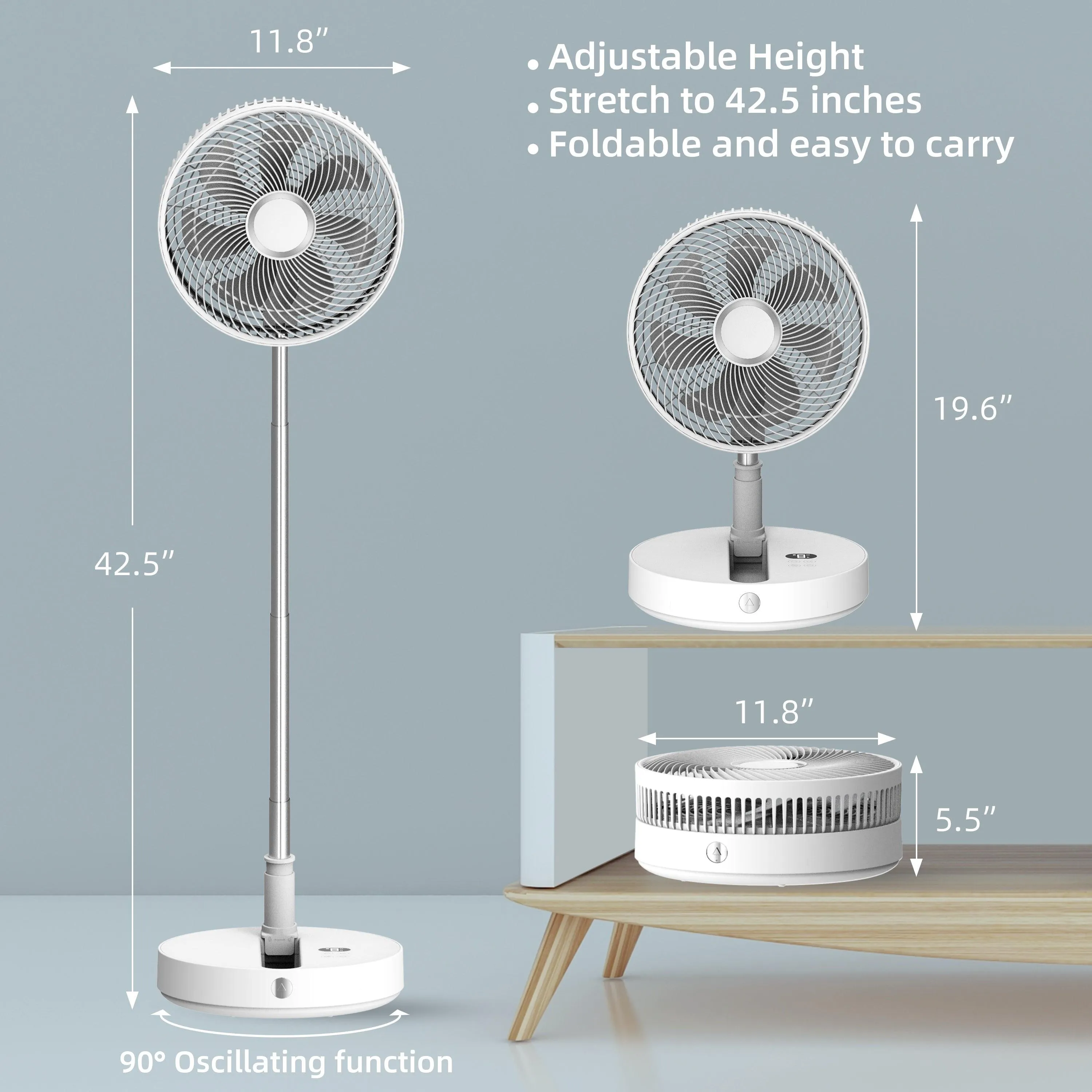 12” Foldable Fan with Remote Control,Rechargeable (White)--CO-P30W