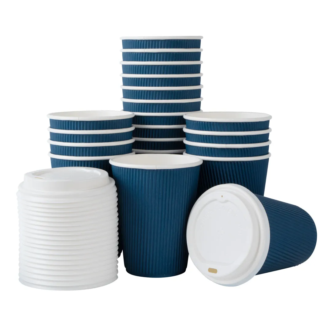 12 oz Midnight Blue Paper Ripple Wall Coffee Cup - with White Lid - 3 1/2" x 3 1/2" x 5" - 20 count box