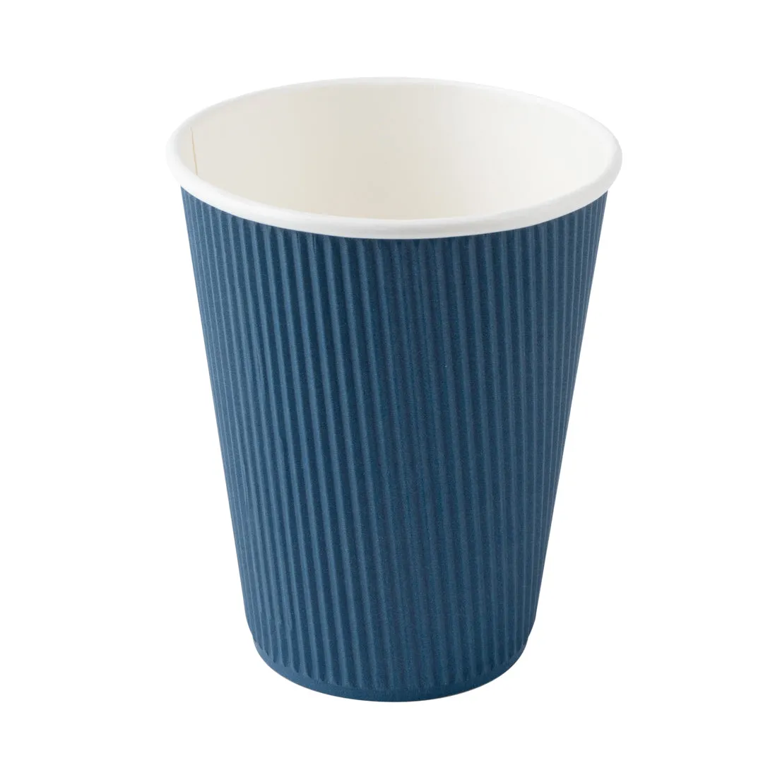 12 oz Midnight Blue Paper Ripple Wall Coffee Cup - with White Lid - 3 1/2" x 3 1/2" x 5" - 20 count box