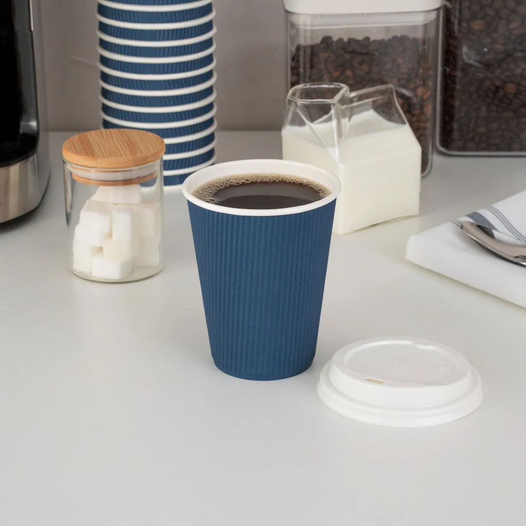 12 oz Midnight Blue Paper Ripple Wall Coffee Cup - with White Lid - 3 1/2" x 3 1/2" x 5" - 20 count box