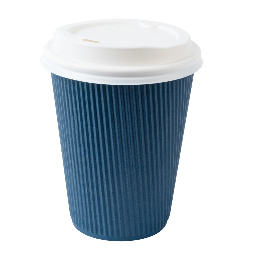 12 oz Midnight Blue Paper Ripple Wall Coffee Cup - with White Lid - 3 1/2" x 3 1/2" x 5" - 20 count box