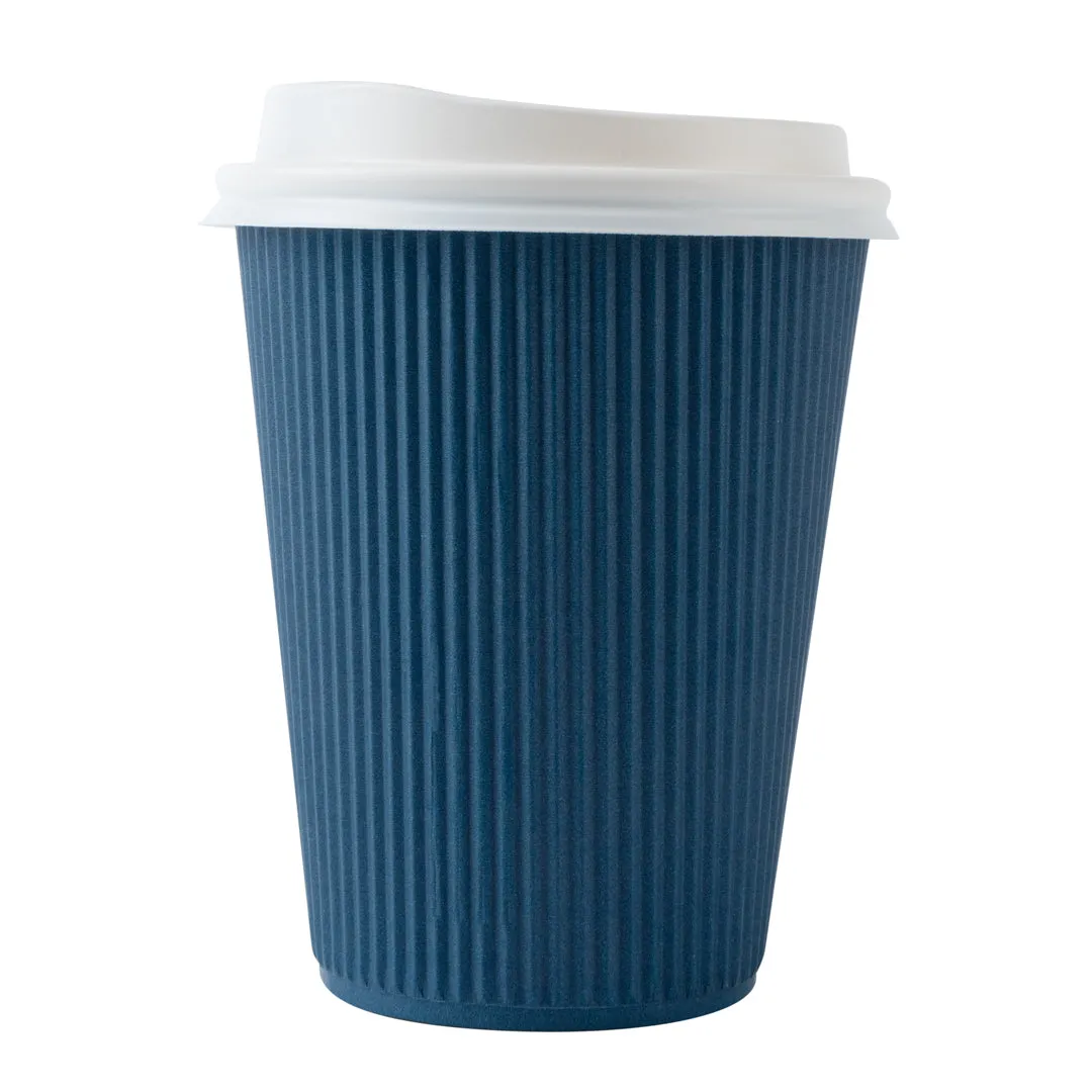 12 oz Midnight Blue Paper Ripple Wall Coffee Cup - with White Lid - 3 1/2" x 3 1/2" x 5" - 20 count box