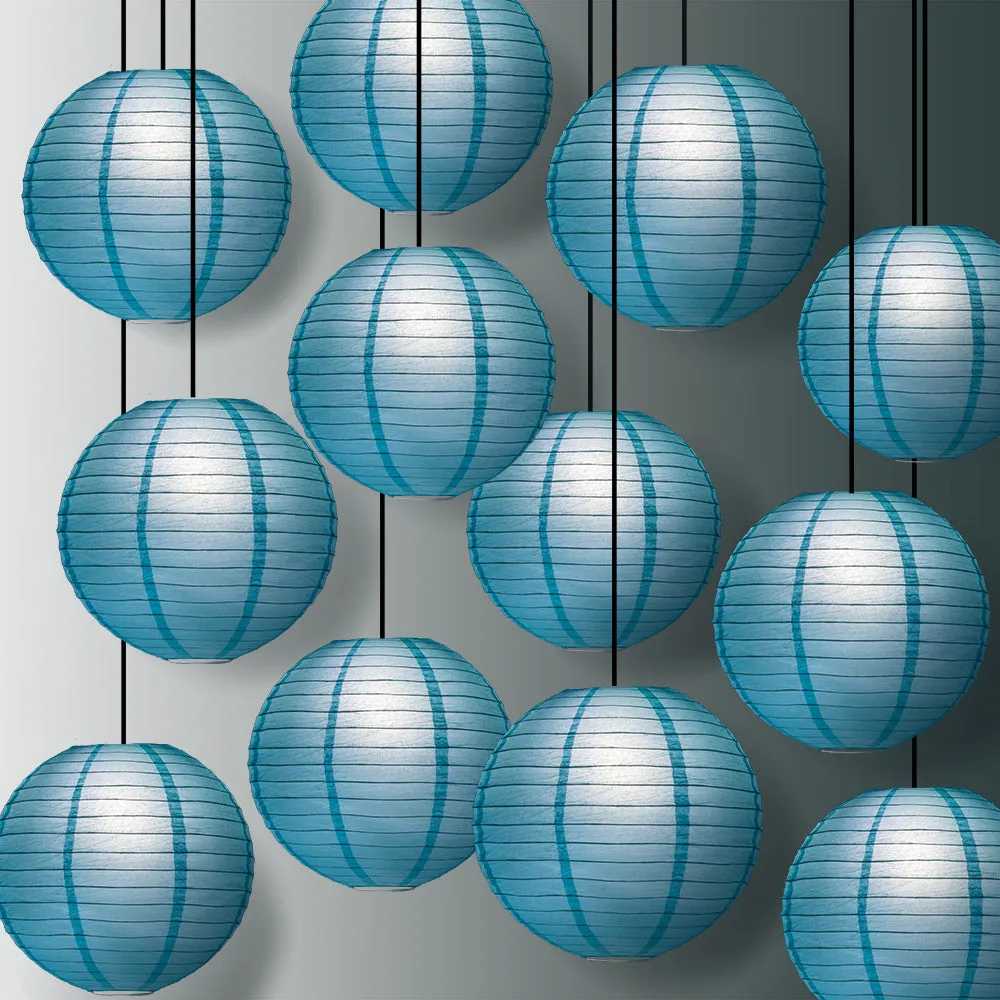 12 PACK | Baby Blue Even Ribbing Round Paper Lantern, Hanging Combo Set