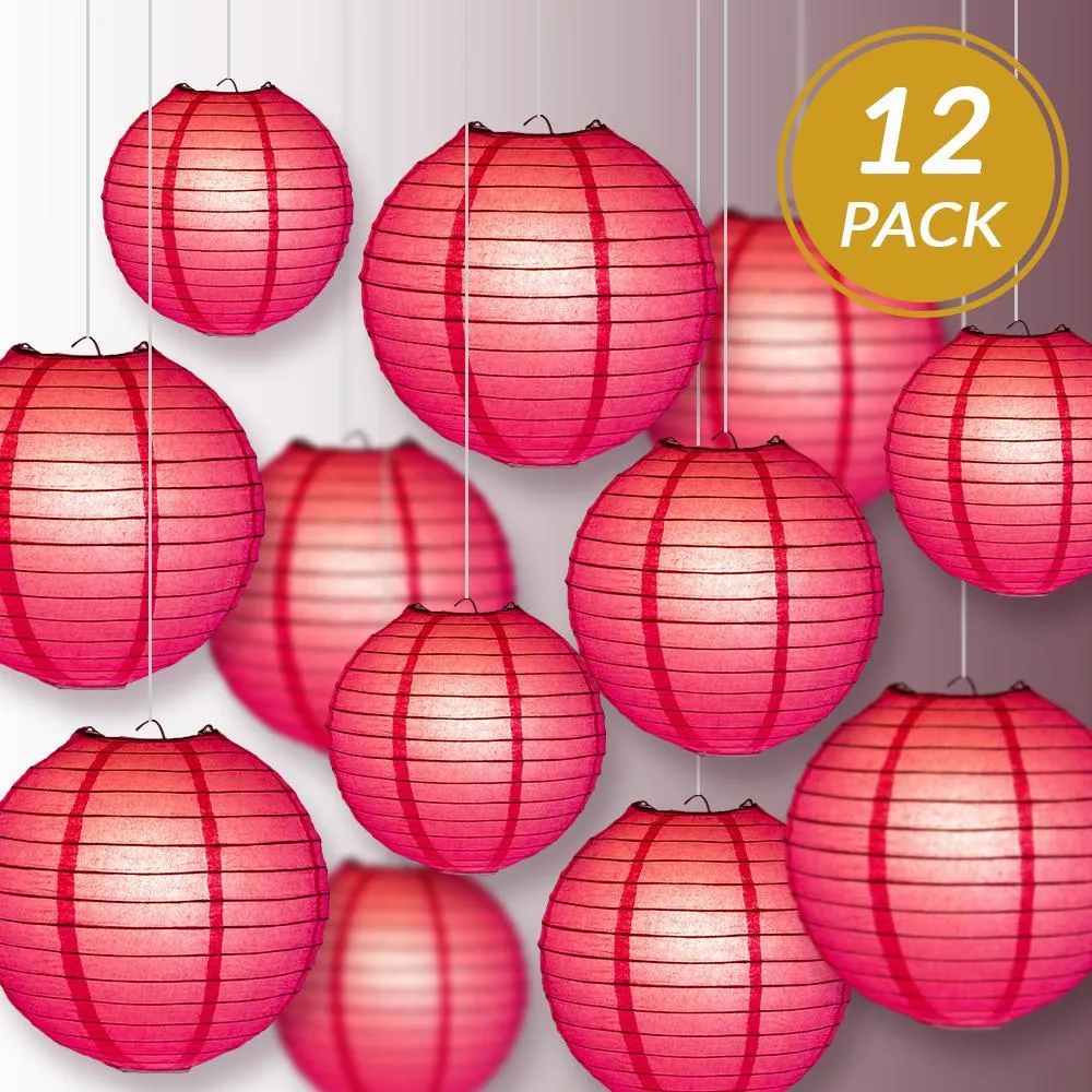 12-PC Fuchsia / Hot Pink Paper Lantern Chinese Hanging Wedding & Party Assorted Decoration Set, 12/10/8-Inch