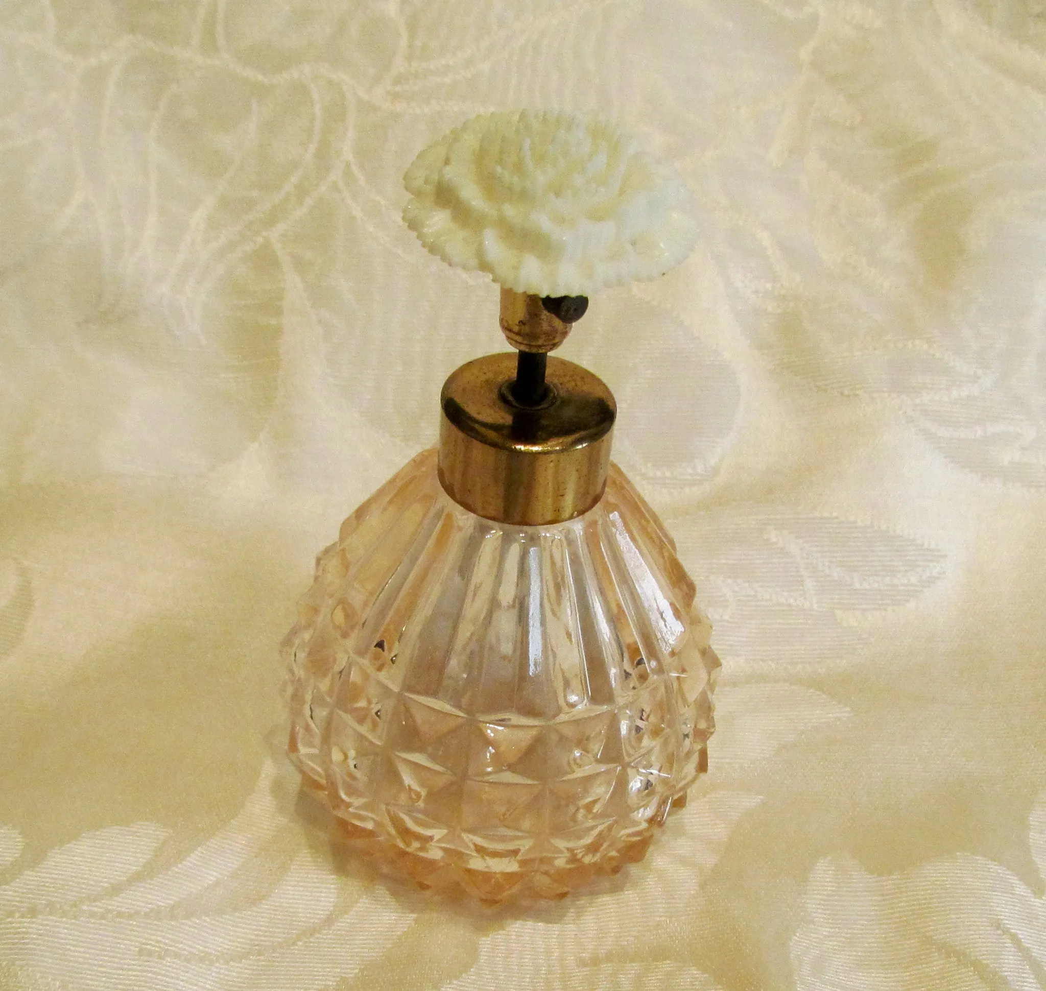 1940s Atomizer Perfume Bottle Pink Depression Glass Floral Carnation Excellent Working Condition