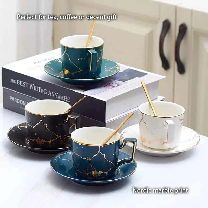 200ml Luxury Marble Ceramic Coffee Cups And Saucers Set With Gold Stand, Marble Ceramic Coffee Cup Saucer Spoon Set, Nordic Matt Porcelain Tea Set, Advanced Teacups