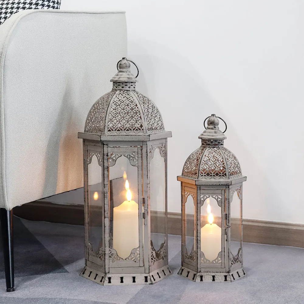 22"&17" H Outdoor Vintage Metal Candle Lanterns(Grey with Black Brush)