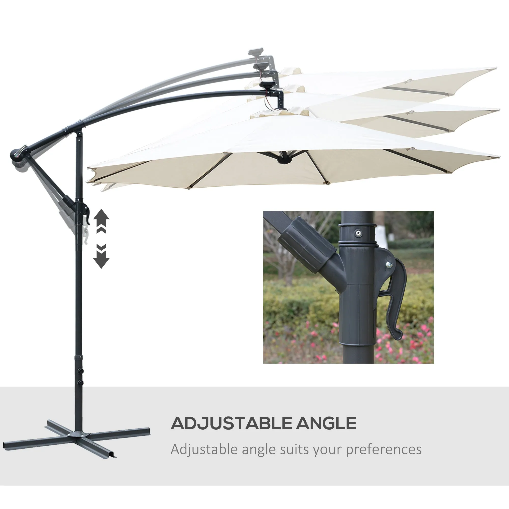 3(m) LED Cantilever Parasol Banana Garden Umbrella with Solar Lights, Crank Handle and Cross Base, Hanging Sun Shade, Off-White