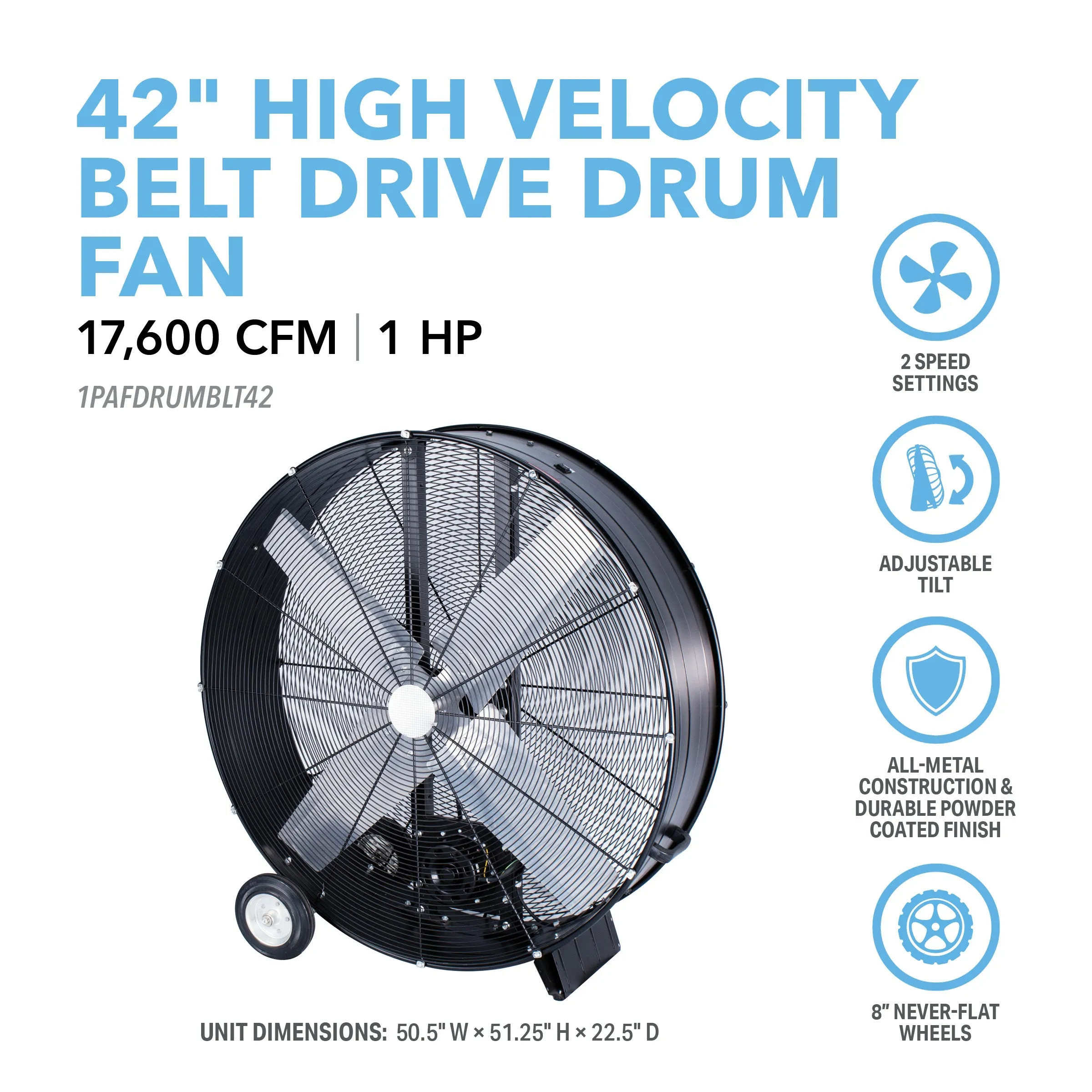 42” High-Velocity Belt Drive Drum Fan with Industrial-Grade Aluminum Blades,  All-Metal Construction, 8” Wheels