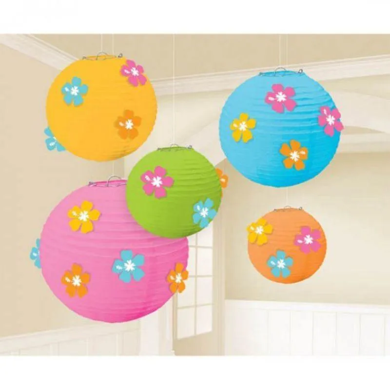 5 Pack Summer Luau Hibiscus Flowers Paper Lanterns