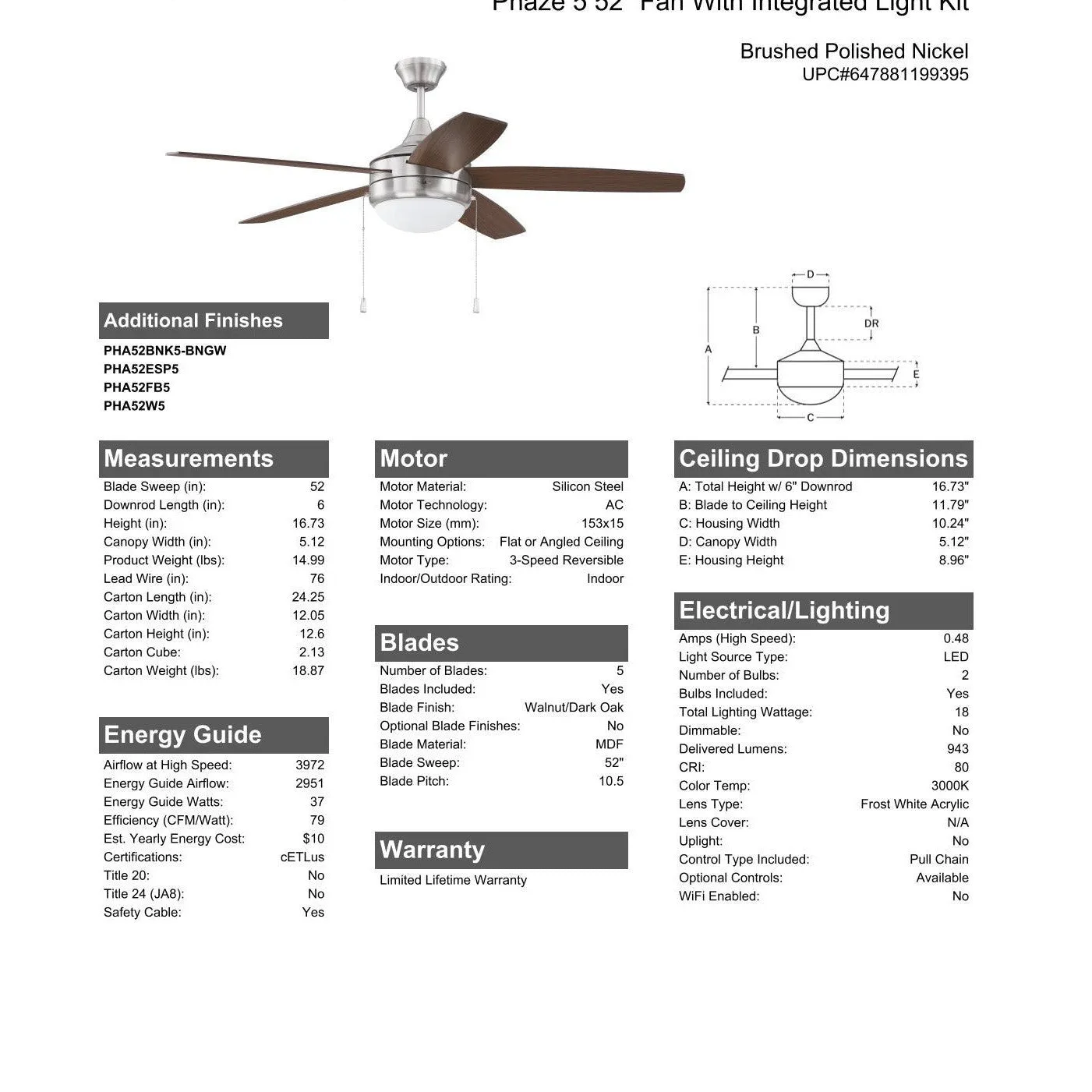 52" Phaze 5 in Brushed Polished Nickel w/ Walnut/Dark Oak Blades