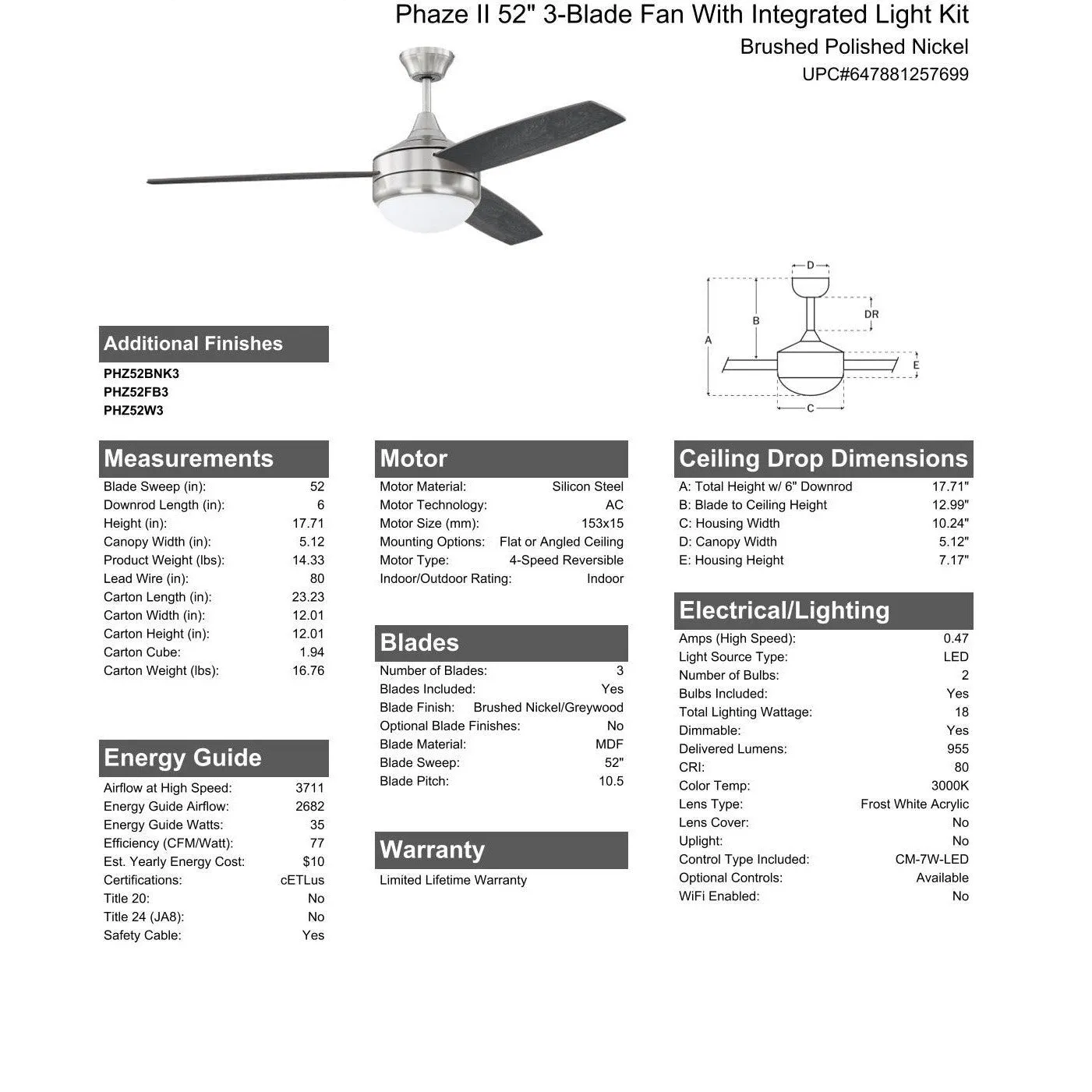 52" Phaze II 3-Blade in Brushed Polished Nickel w/ Brushed Nickel/Greywood Textured Blades