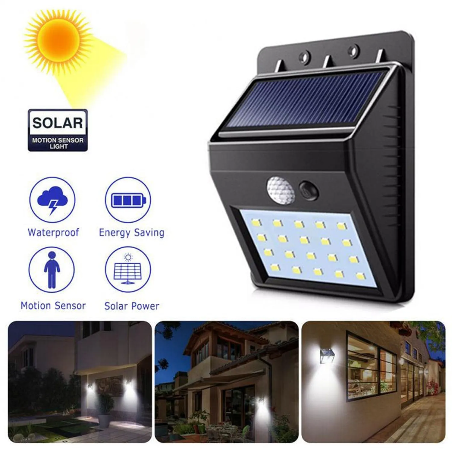 6608 White Solar Wireless Security Motion Sensor LED Night Light for Home Outdoor / Garden Wall.