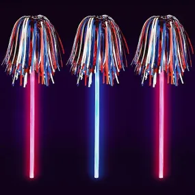 9 ¾” Red, White & Blue Pom Pom Glow Wands - Pack of 3