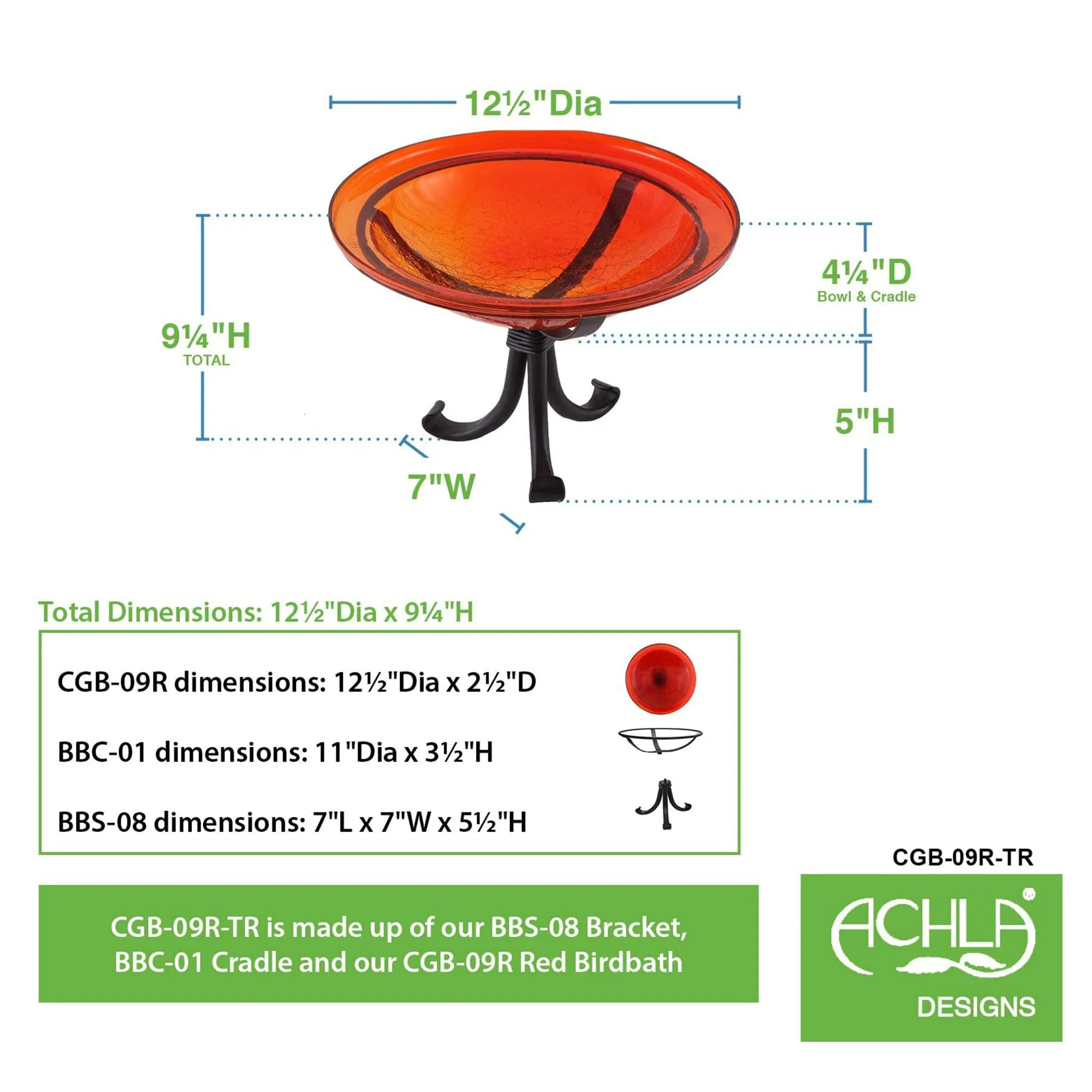 Achla Designs Hand Blown Crackle Glass Garden Birdbath with Tripod Stand, Red