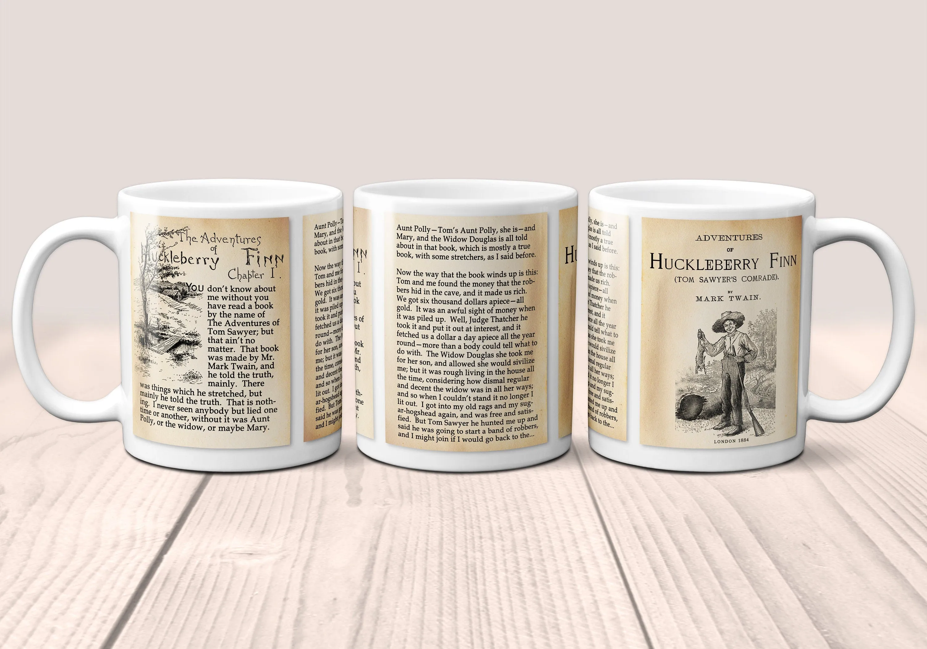 Adventures of Huckleberry Finn by Mark Twain Mug. Coffee Mug with Huckleberry Fin book Title and Book Pages,Bookish Gift,Literary Mug