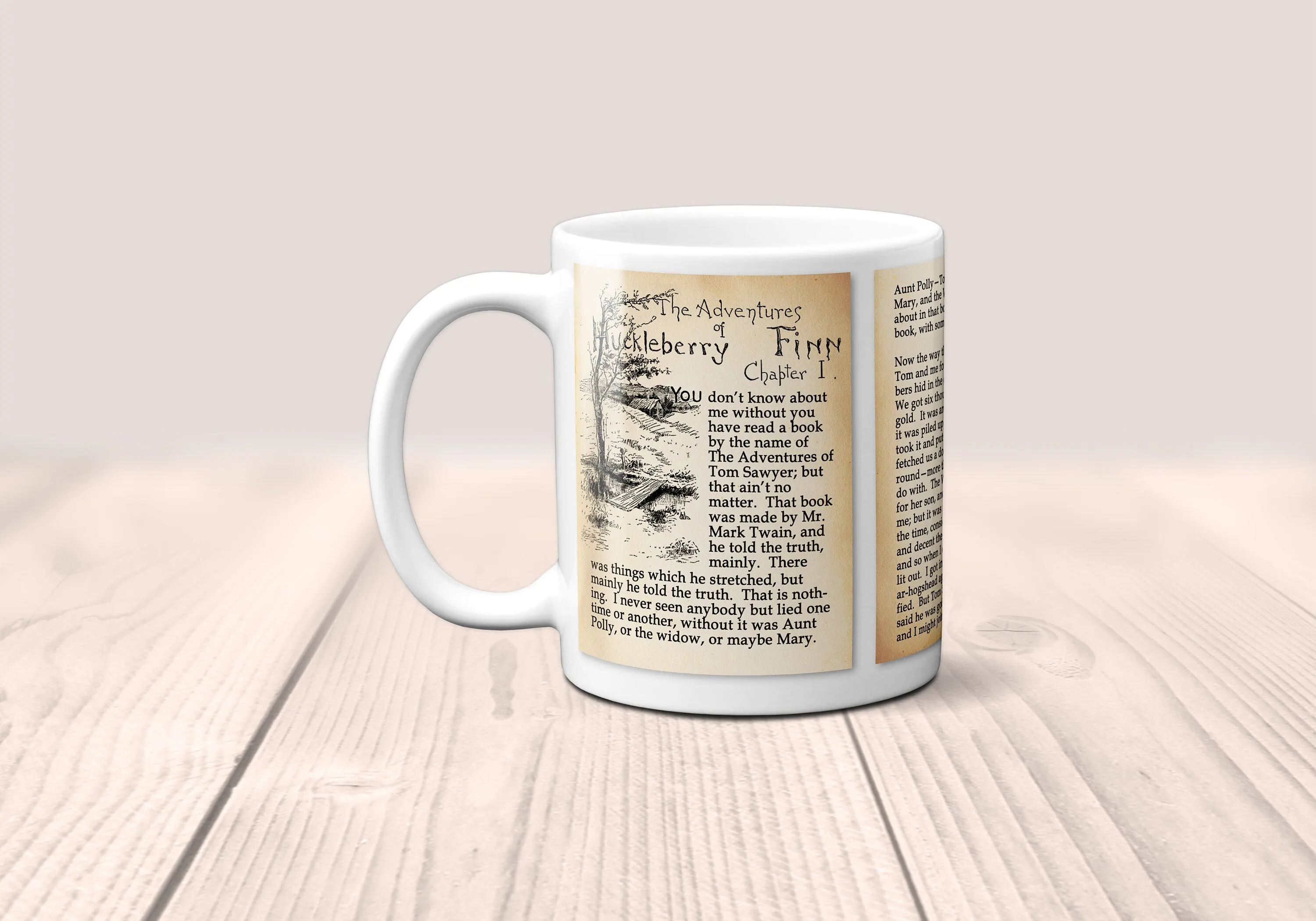 Adventures of Huckleberry Finn by Mark Twain Mug. Coffee Mug with Huckleberry Fin book Title and Book Pages,Bookish Gift,Literary Mug