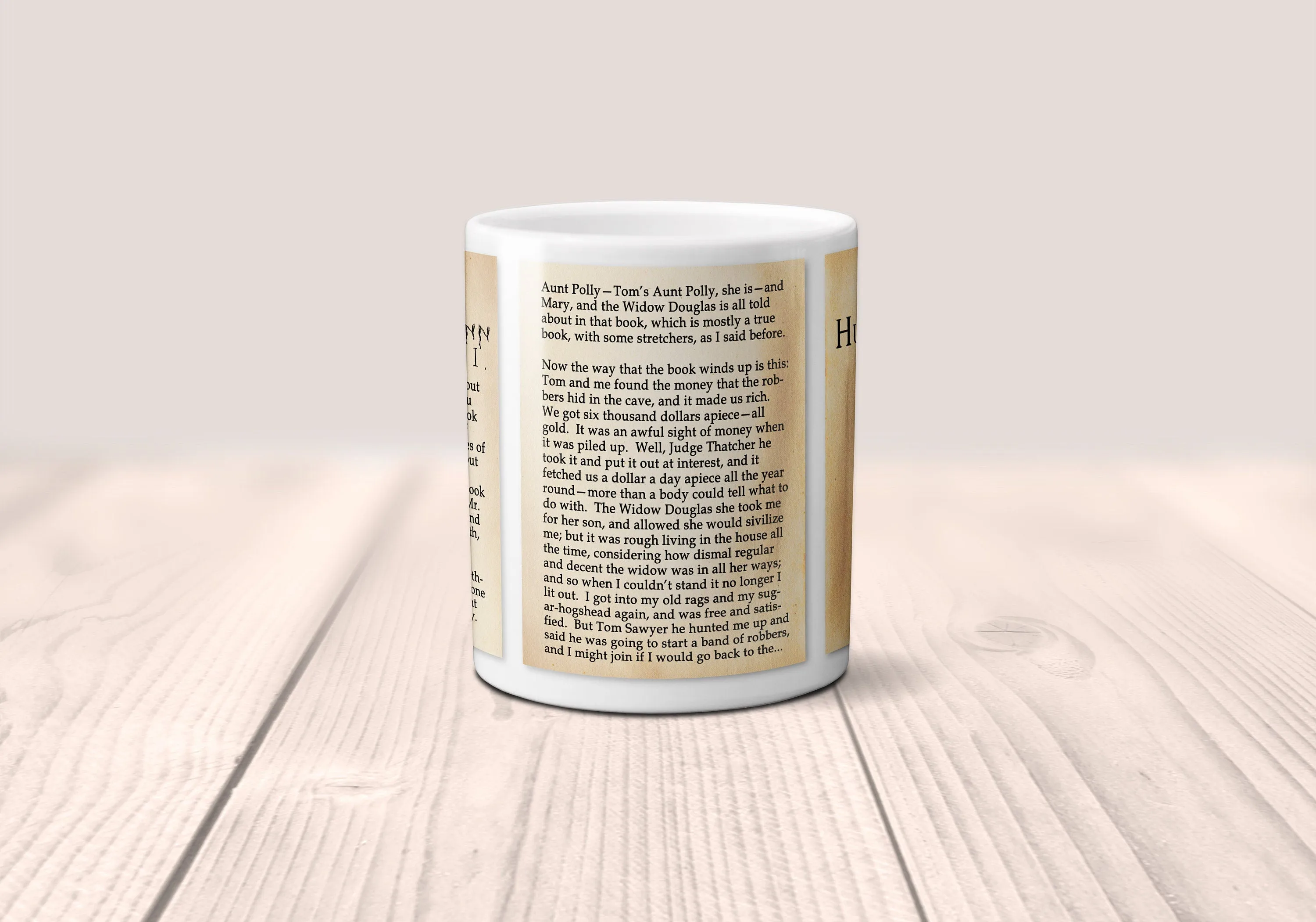 Adventures of Huckleberry Finn by Mark Twain Mug. Coffee Mug with Huckleberry Fin book Title and Book Pages,Bookish Gift,Literary Mug