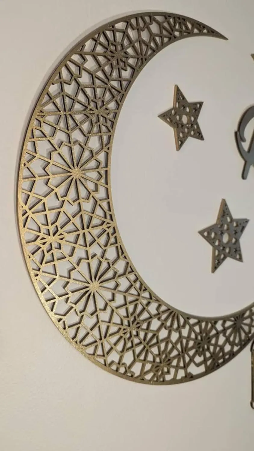 American Elm Eid Home Decor Set - Ramadan Crescent, Stars, Lanterns, Wooden Cutouts, Islamic Wall Décor