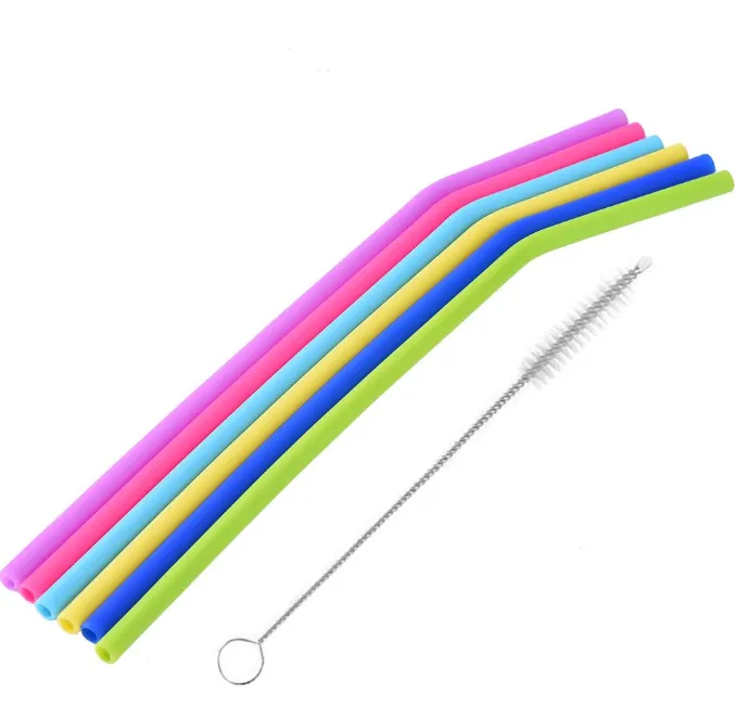 AWESOME REUSABLE RAINBOW SILICONE STRAWS (PACK OF 6   CLEANING BRUSH)