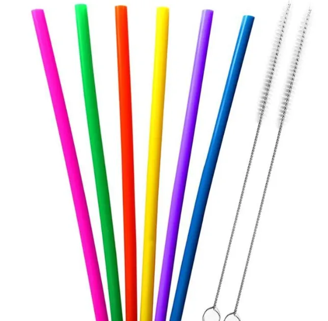 AWESOME REUSABLE RAINBOW SILICONE STRAWS (PACK OF 6   CLEANING BRUSH)