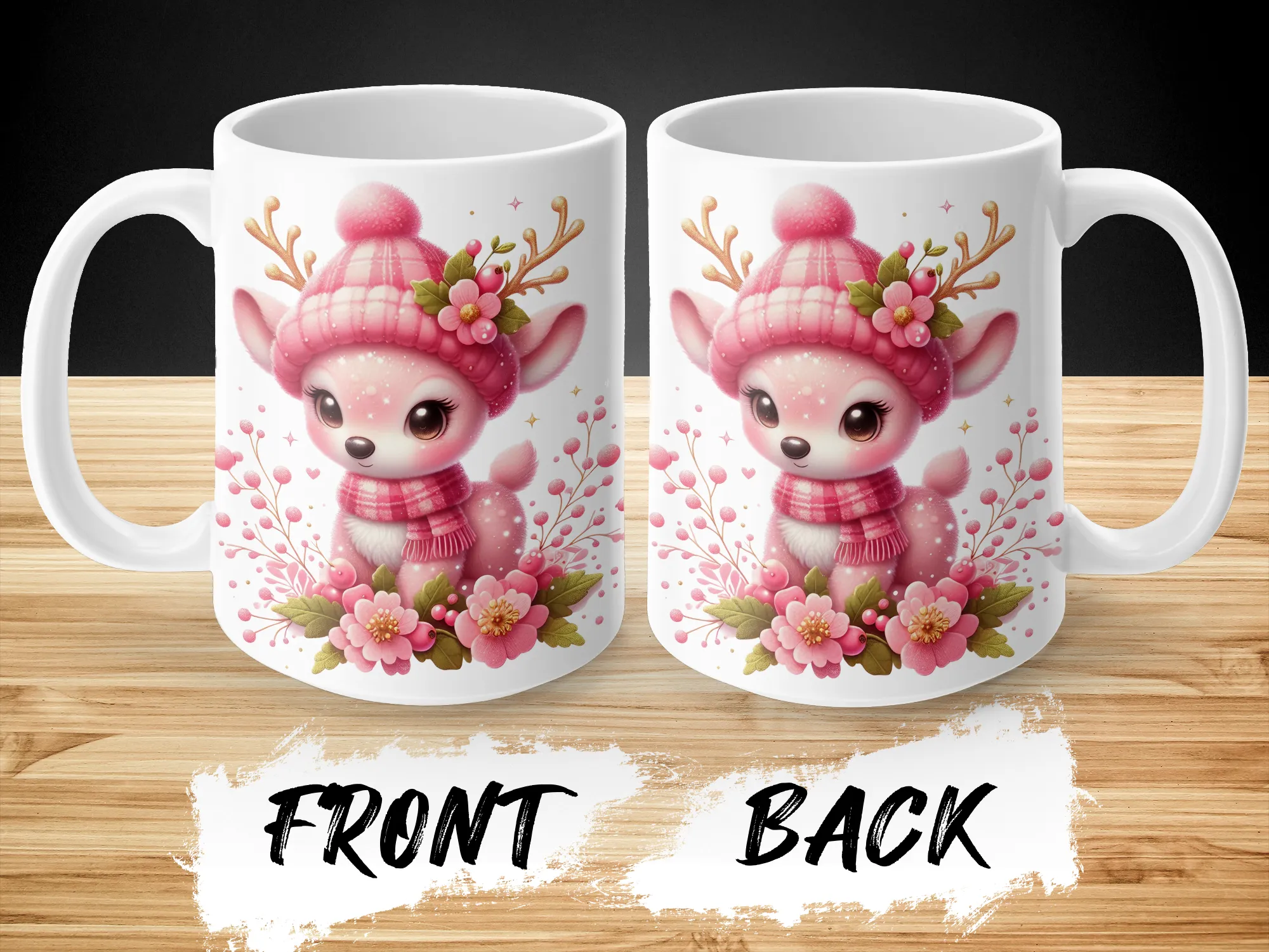 Beautiful Pink Reindeer & Flowers Mug, Reindeer Mug, Floral Mug, Cute Reindeer Gift, Christmas Gifts for Her, Winter Gift