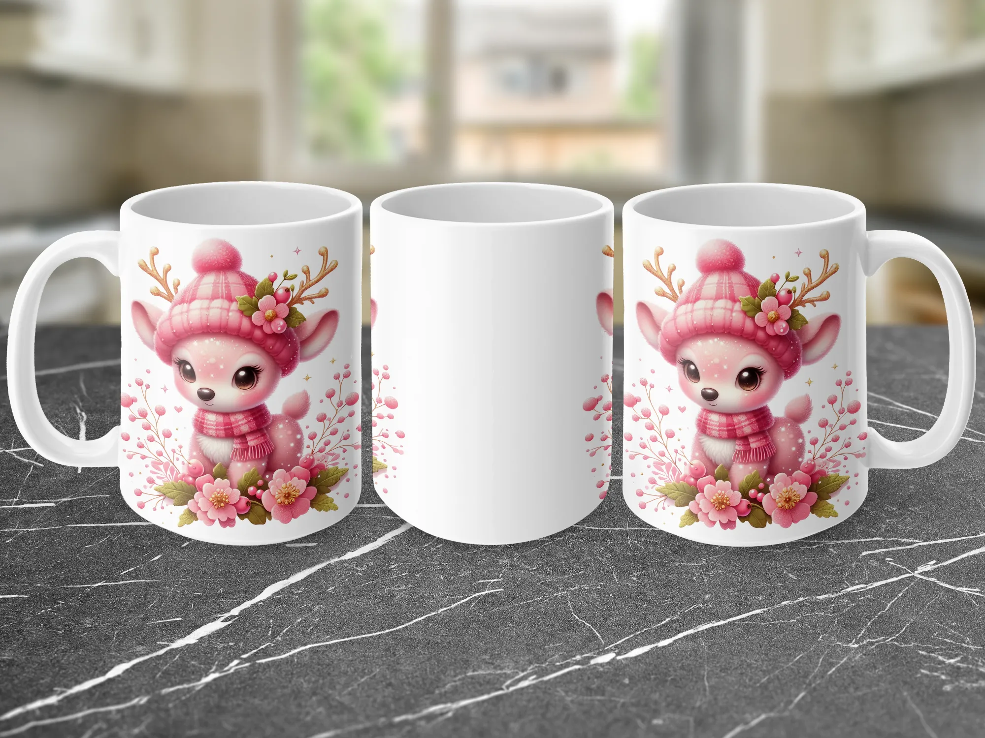 Beautiful Pink Reindeer & Flowers Mug, Reindeer Mug, Floral Mug, Cute Reindeer Gift, Christmas Gifts for Her, Winter Gift