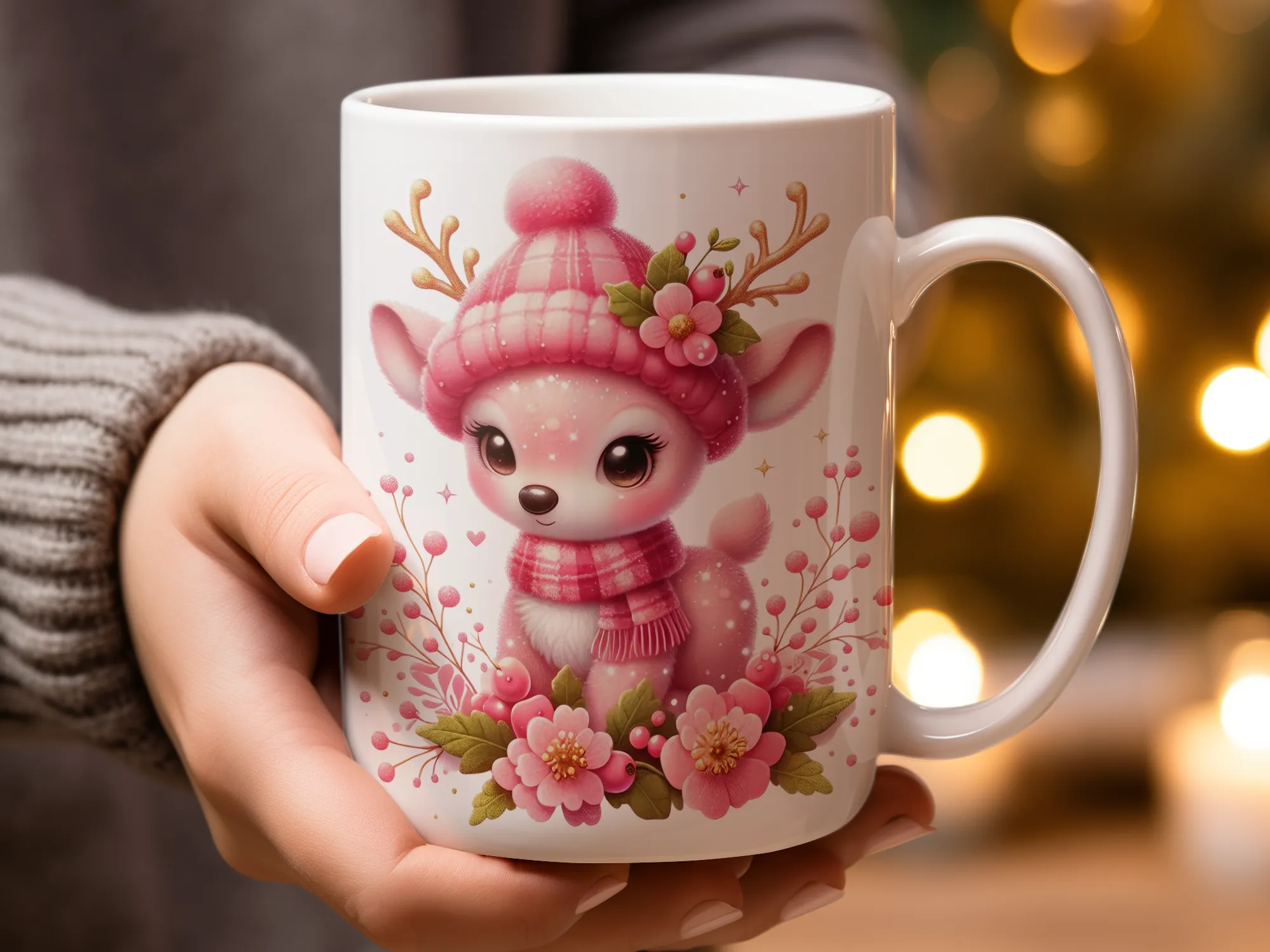 Beautiful Pink Reindeer & Flowers Mug, Reindeer Mug, Floral Mug, Cute Reindeer Gift, Christmas Gifts for Her, Winter Gift