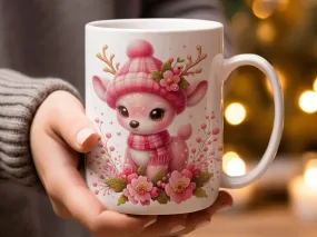 Beautiful Pink Reindeer & Flowers Mug, Reindeer Mug, Floral Mug, Cute Reindeer Gift, Christmas Gifts for Her, Winter Gift