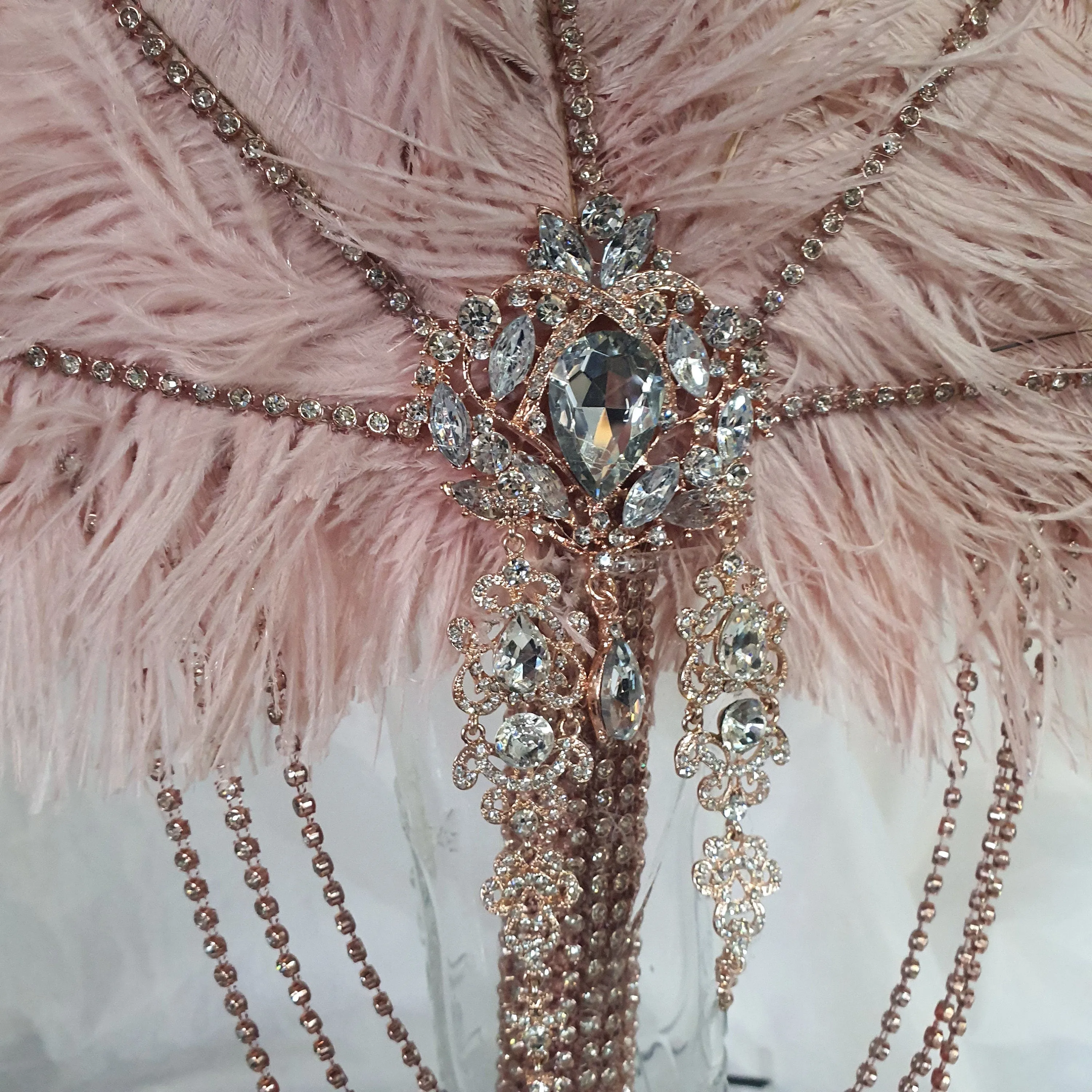 Blush feather fan bouquet cascade, pink Great Gatsby wedding style 1920's - any colour as custom made by Crystal wedding uk