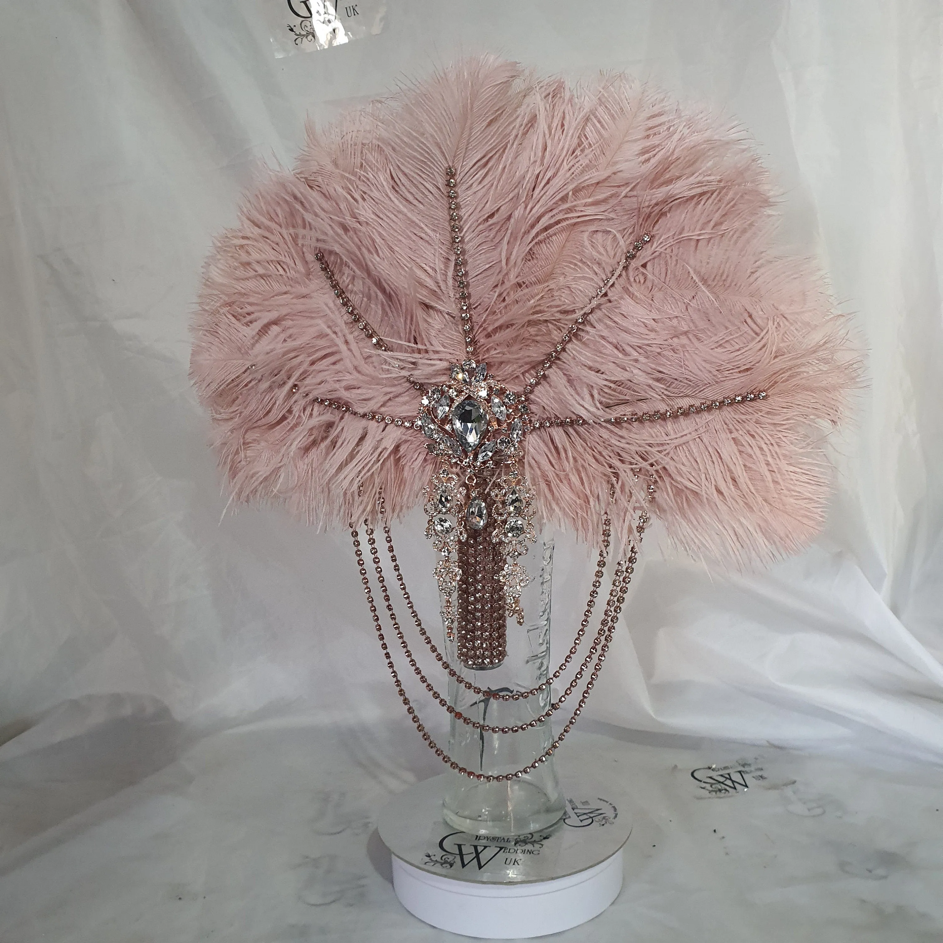 Blush feather fan bouquet cascade, pink Great Gatsby wedding style 1920's - any colour as custom made by Crystal wedding uk