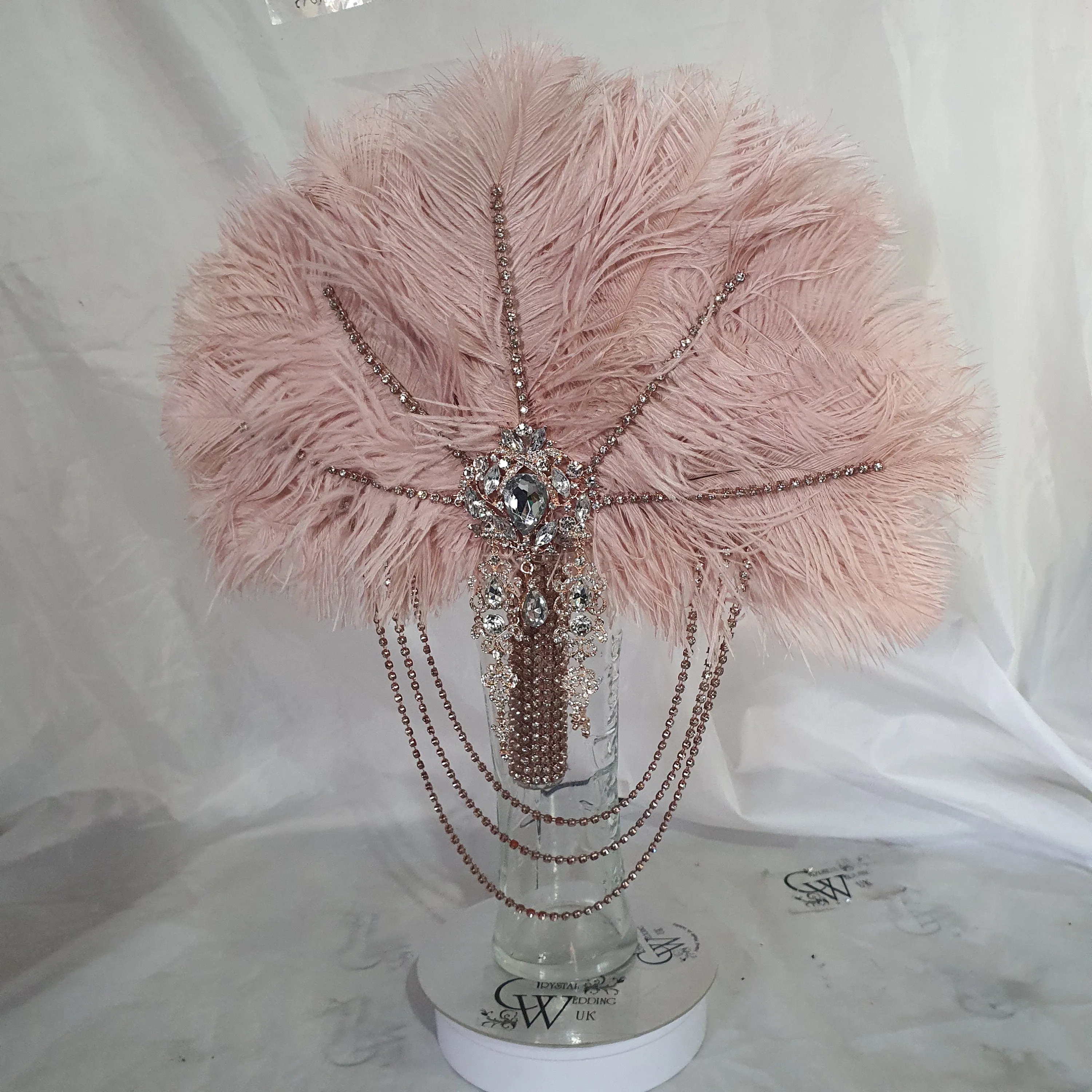 Blush feather fan bouquet cascade, pink Great Gatsby wedding style 1920's - any colour as custom made by Crystal wedding uk