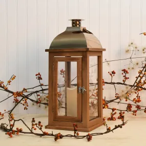 Brown Wooden Lantern with Copper Roof and LED Candle