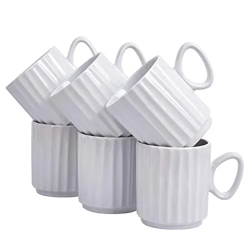 Bruntmor Ceramic Stacking Coffee Mug For Heavy Duty Cup Set Of 6 14 Ounce White