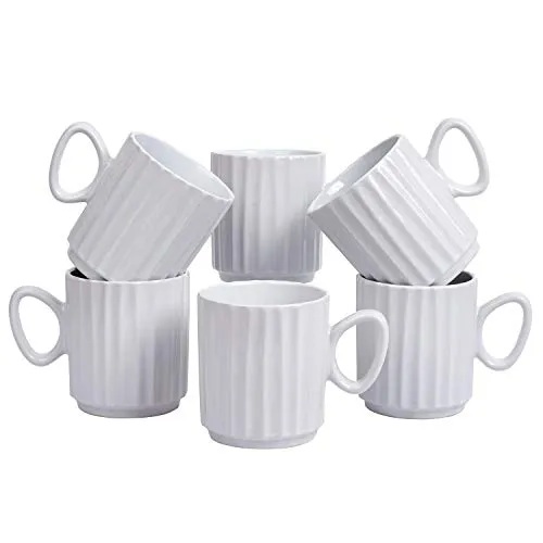 Bruntmor Ceramic Stacking Coffee Mug For Heavy Duty Cup Set Of 6 14 Ounce White