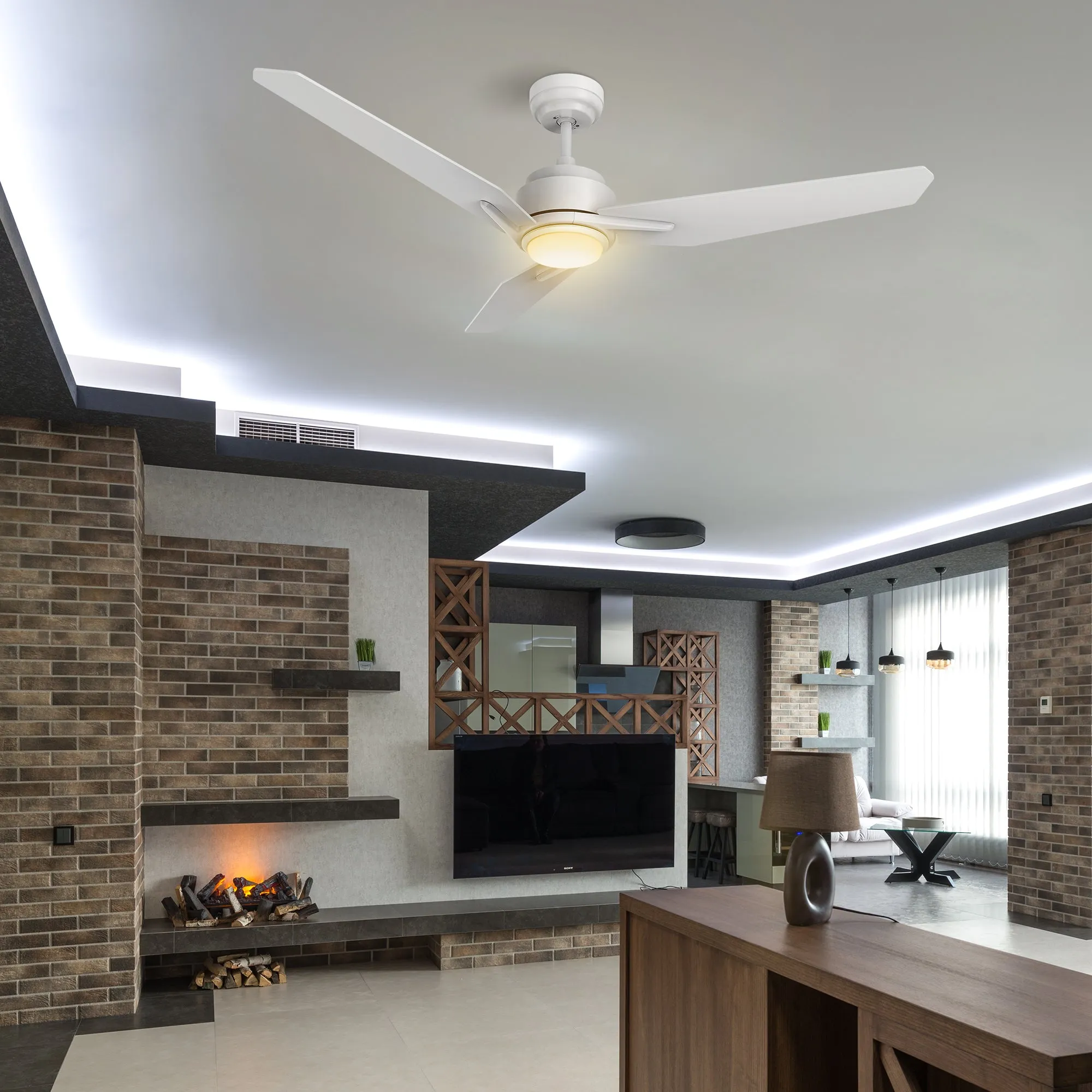 CALEN 56 inch 3-Blade Smart Ceiling Fan with LED Light Kit & Remote Control- White/White