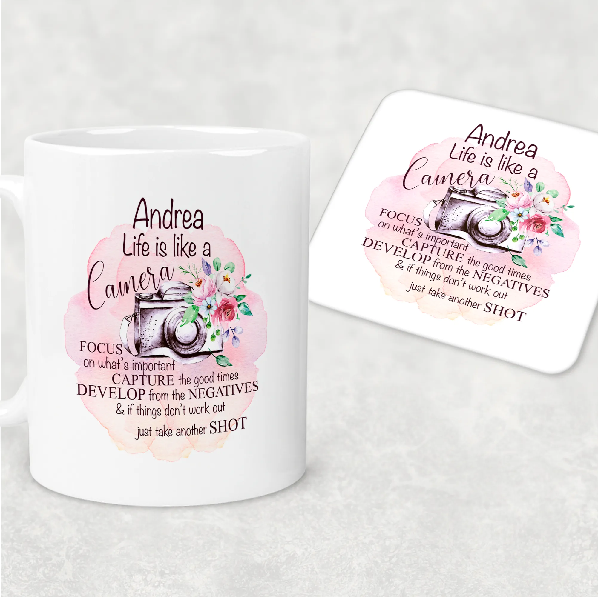 Camera Photography Positivity Personalised Mug & Coaster