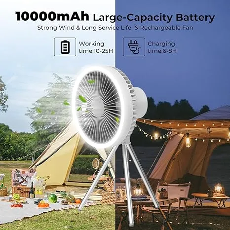 Camping Fan with Light - Best Rechargeable Fan for Camping, 10000mAh 3-in-1 Tent Fan, Light   Powerbank