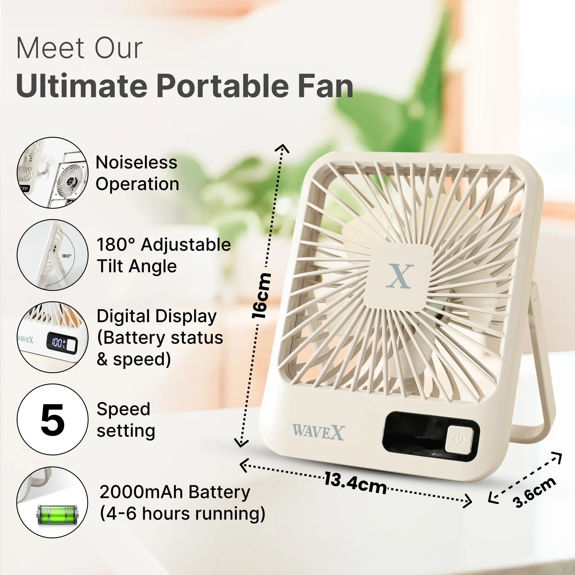 Candes Digital Portable Mini Fan | Rechargeable USB Fan with 5 Speeds | Portable Fan for Office Home Travel |4-6 Hours Running 2000mAh Battery | Small Fan with 180° Tilt Angle | 1 Yr warranty | Khaki