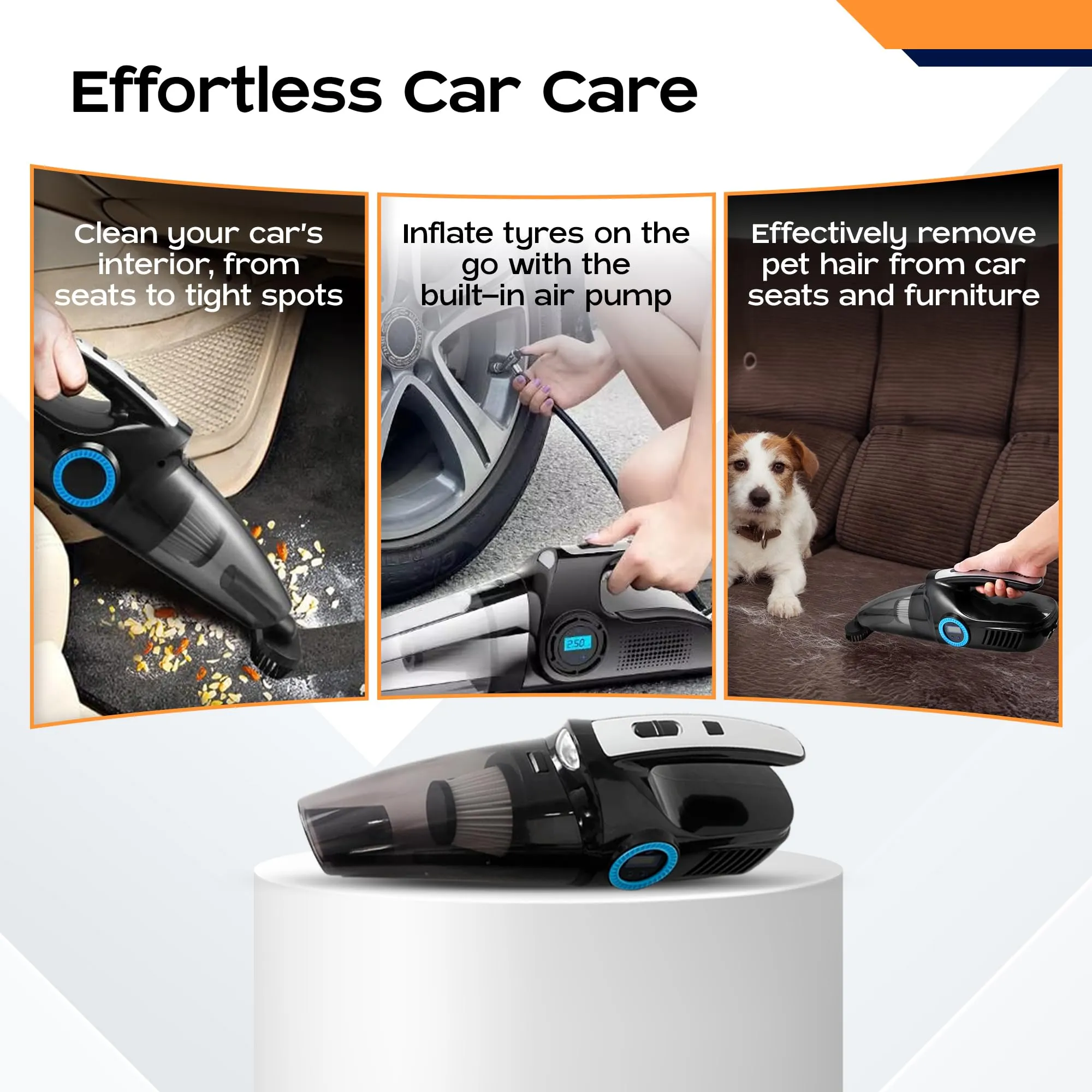 CARBINIC 4 in 1 Cordless Vacuum Cleaner for Home & Car | Built-in Torch | 4.2M Cord, 2X Powerful 6000 Pa Suction, 12V DC | Car Vacuum Cleaner Wireless & Tyre Inflator | Tire Pressure Gauge LCD Display