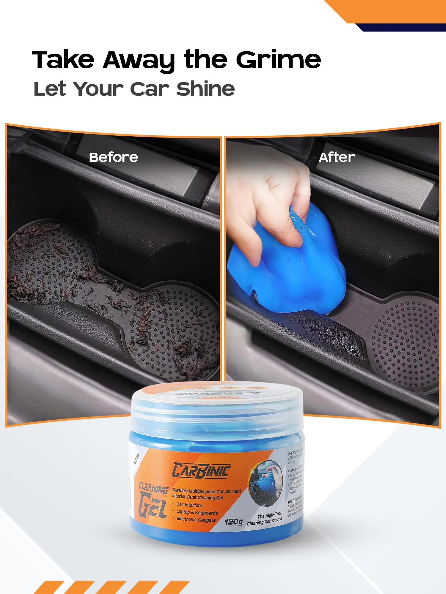 CARBINIC Car Cleaning Gel Kit | Universal Gel for Car Accessories Laptop Keyboard Gadgets | Multipurpose Interior Dust Cleaning | Dashboard Gap Corner Cleaner (120 Grams- Box, MOQ-3)