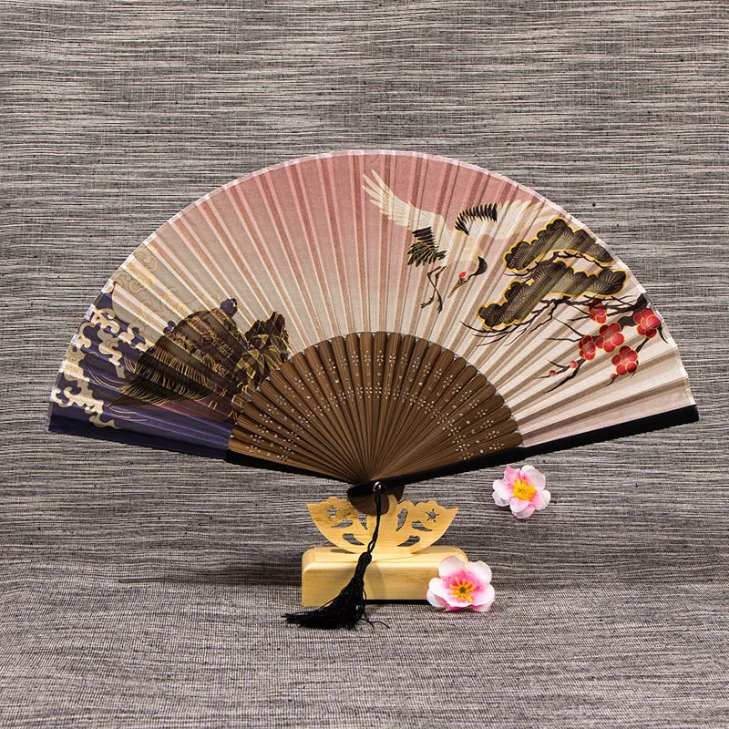 Chinese Style Dragon Phoenix Head Green Bamboo Matte Silk Folding Fan