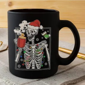 Christmas Skeleton With Smiling Skull Drinking Coffee Latte Mug