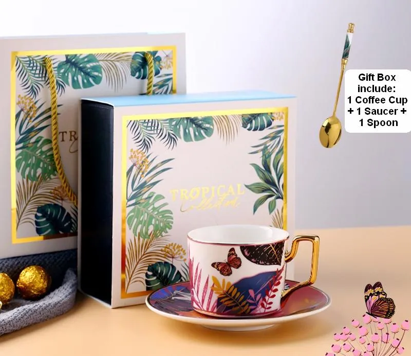 Coffee Cups with Gold Trim and Gift Box, Jungle Leopard Pattern Porcelain Coffee Cups, Tea Cups and Saucers