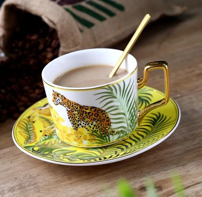 Coffee Cups with Gold Trim and Gift Box, Jungle Leopard Pattern Porcelain Coffee Cups, Tea Cups and Saucers