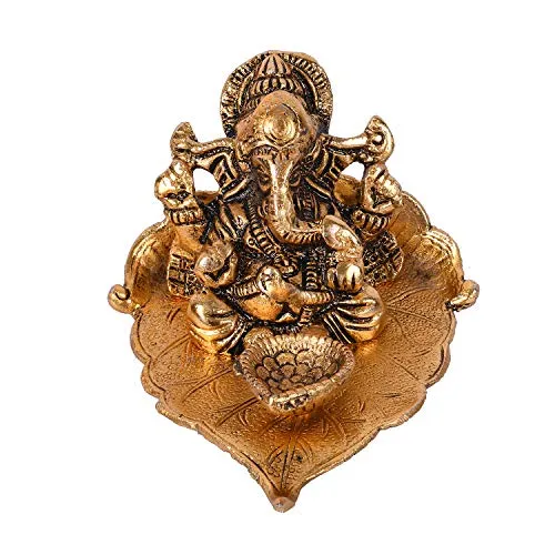 Collectible India Ganesh, Ganesha on Leaf - Ganesh with Diya - Lord Ganesha Metal Hand Craved for Home Decorative Gift Puja Diwali Gifts