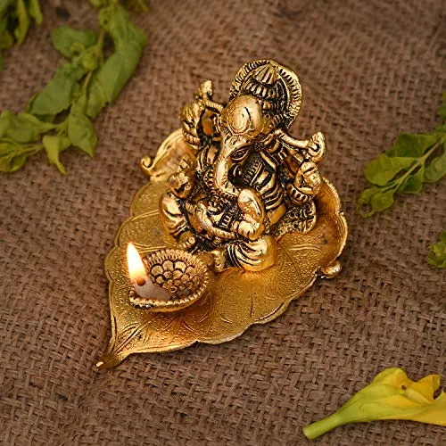 Collectible India Ganesh, Ganesha on Leaf - Ganesh with Diya - Lord Ganesha Metal Hand Craved for Home Decorative Gift Puja Diwali Gifts