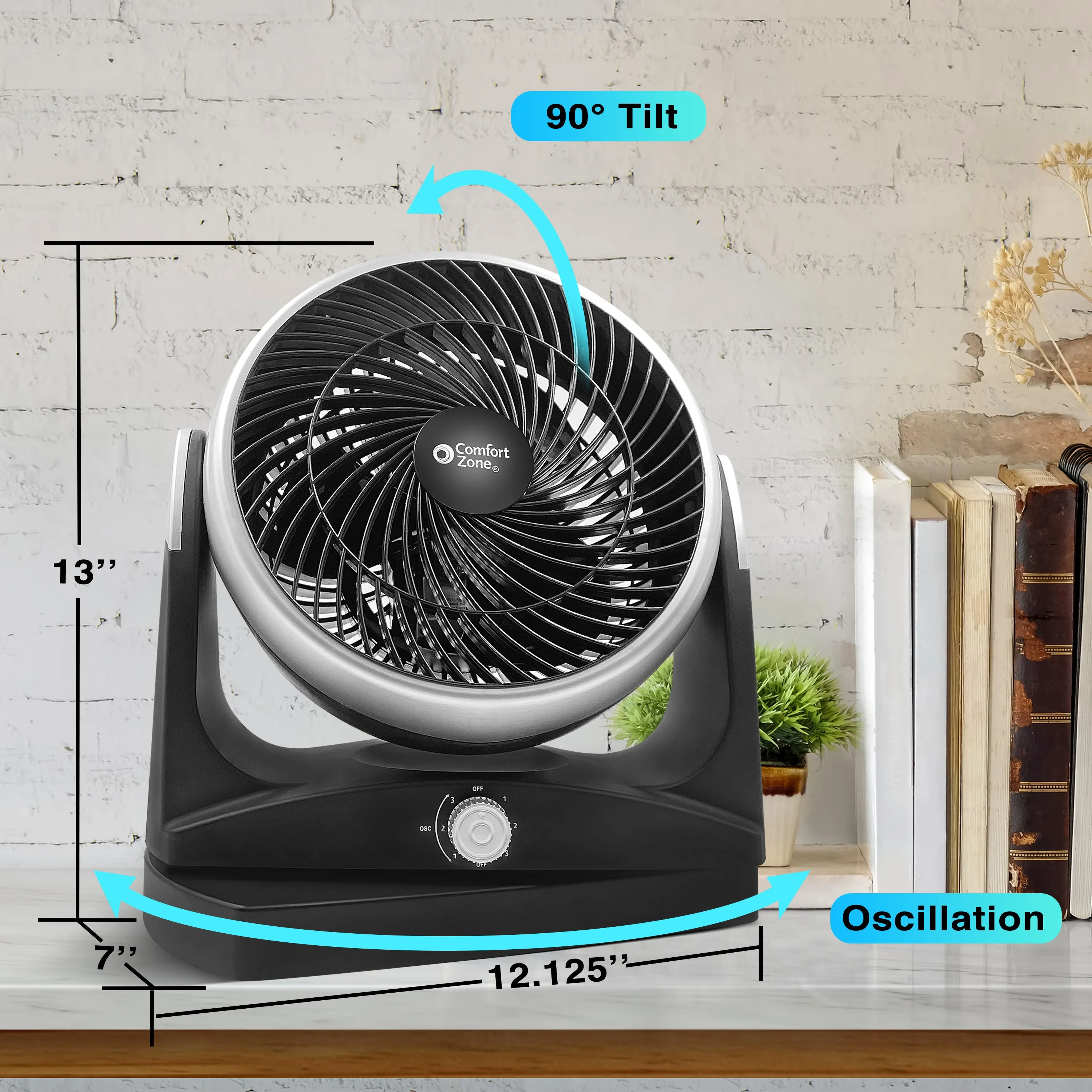 Comfort Zone 8-Inch 3-Speed High-Velocity Oscillating Desk Fan in Black