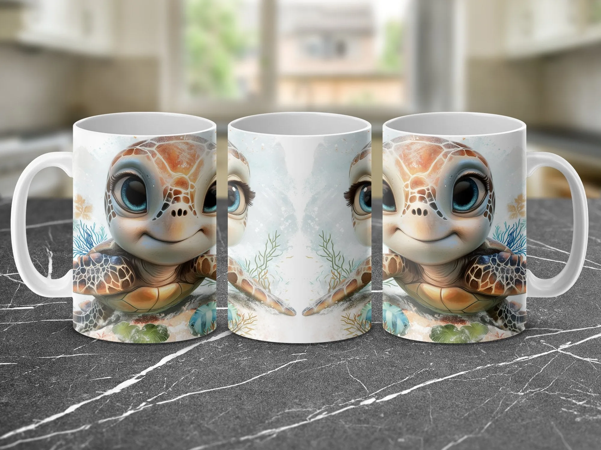 Cute Sea Turtle Mug, Ocean Life Coffee Cup, Animated Turtle Lover Gift